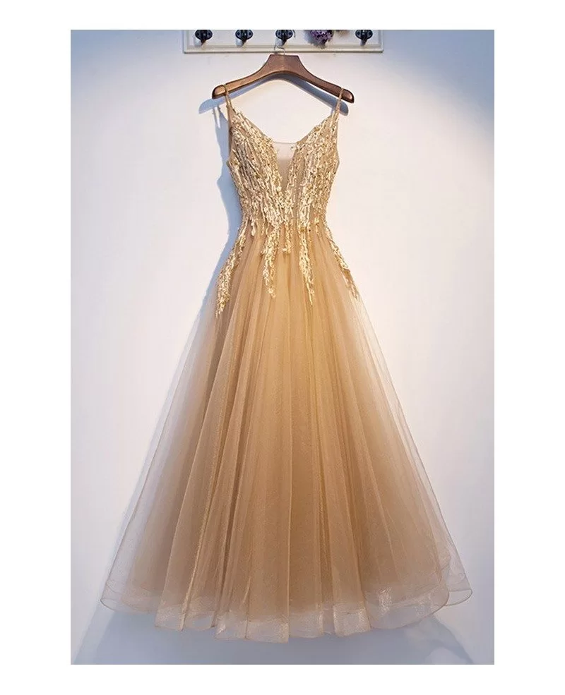 Champagne Gold Aline Tulle Prom Dress With Straps Myx69061