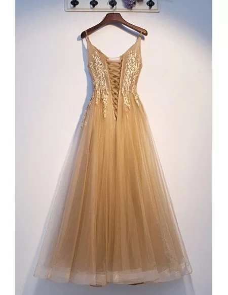 Champagne Gold Aline Tulle Prom Dress With Straps