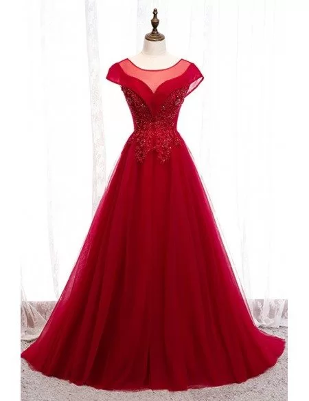 flowy formal long tulle ballgown dress with illusion round neck # ...
