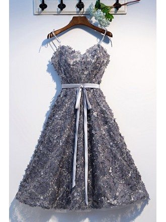 Grey Flowers Short Party Dress Cute With Sash
