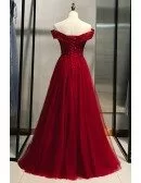 Gorgeous Off Shoulder Long Tulle Prom Dress Burgundy With Sequins
