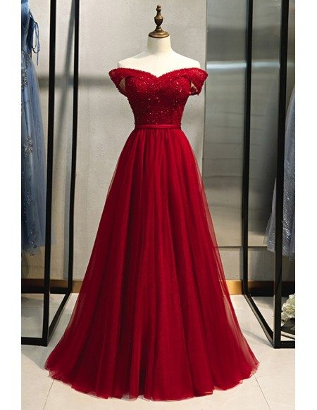 Gorgeous Off Shoulder Long Tulle Prom Dress Burgundy With Sequins