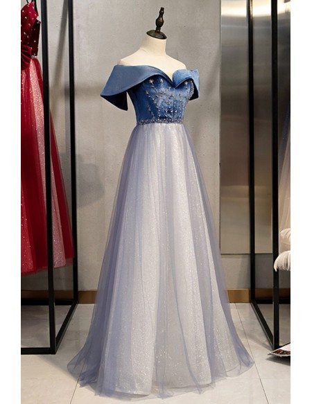 Blue Off Shoulder Beaded Tulle Prom Dress With Bling