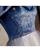 Blue Off Shoulder Beaded Tulle Prom Dress With Bling
