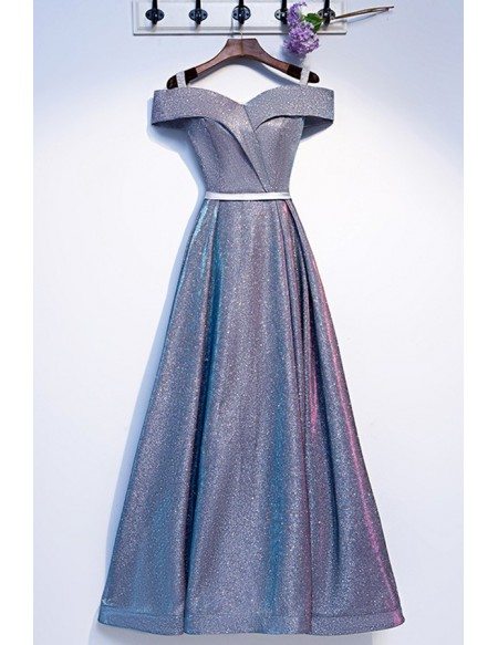 Sparkly Blue Aline Prom Party Dress With Off Shoulder