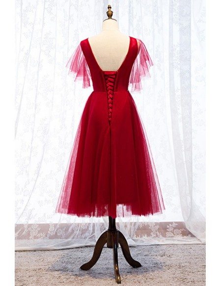 Beaded Lace Burgundy Tulle Party Dress With Puffy Sleeves