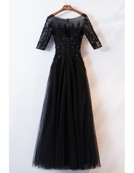 modest black beaded lace aline tulle formal dress with half sleeves # ...