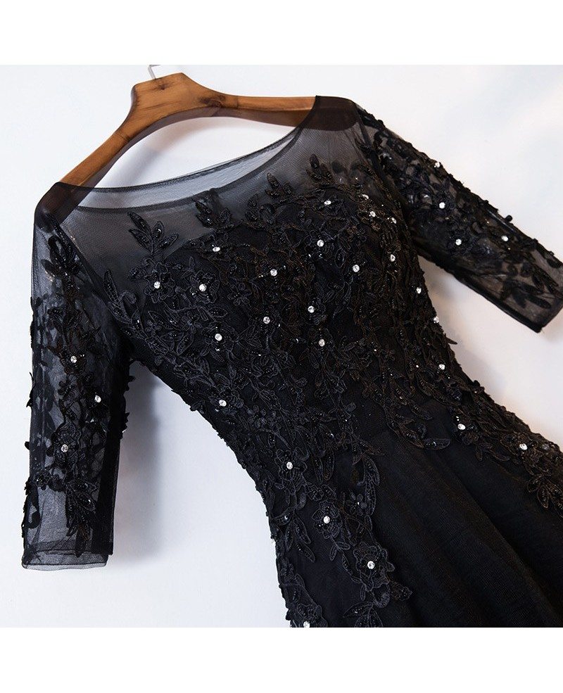 Black 3/4 Sleeves Beads A-Line Appliques Bridesmaid Dresses Tulle Party Dress