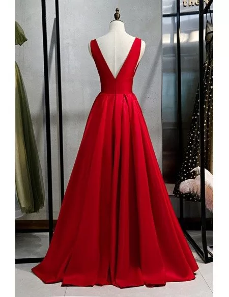 Pleated Vneck Formal Red Prom Dress With Vback