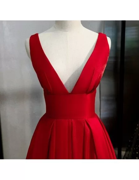 Pleated Vneck Formal Red Prom Dress With Vback