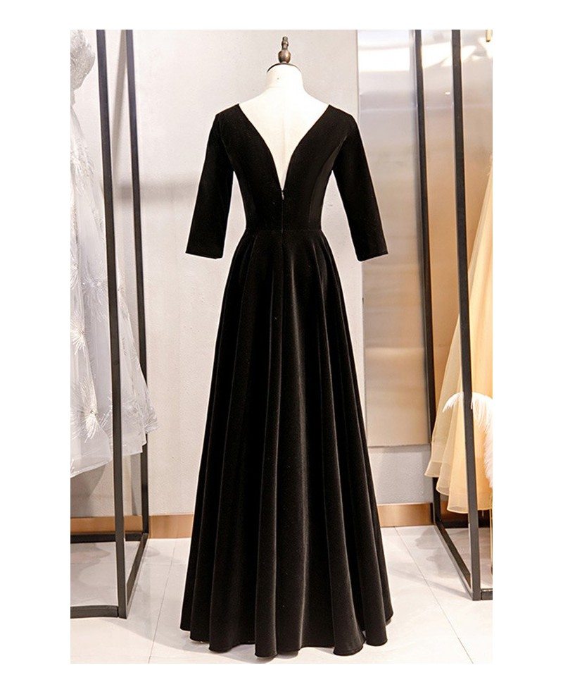 long black velvet formal dress retro with sleeves MYX79076