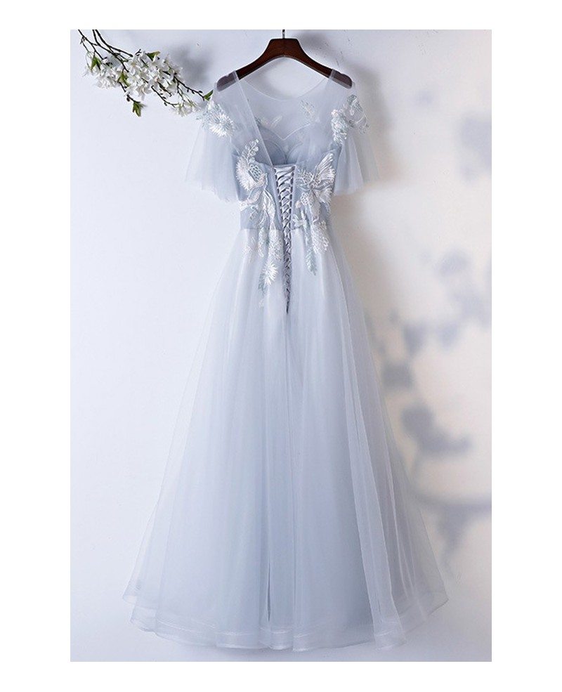 elegant long grey embroidery aline prom dress with puffy sleeves # ...