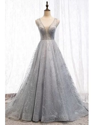 Sparkly Long Grey Sequins Fancy Prom Dress With Open Back