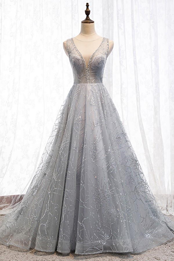 sparkly long grey sequins fancy prom dress with open back #MYX69095 ...