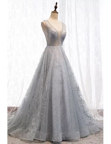 sparkly long grey sequins fancy prom dress with open back #MYX69095 ...