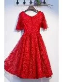 Modest Short Red All Lace Party Dress Vneck With Sleeves