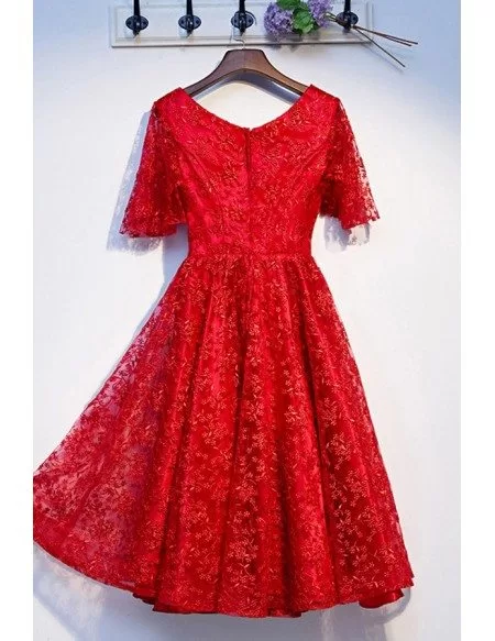 modest short red all lace party dress vneck with sleeves #MYX69044 ...