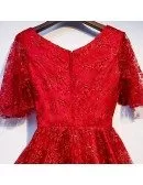 Modest Short Red All Lace Party Dress Vneck With Sleeves