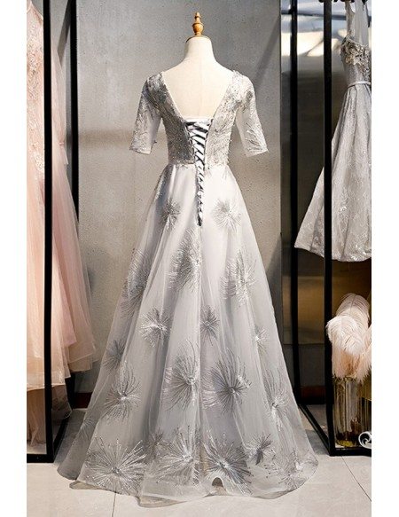 Bling Beaded Long Grey Prom Dress Modest Short Sleeves