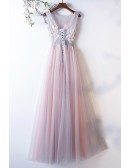 Dusty Pink Grey Tulle Aline Cute Prom Dress With Pleated Top