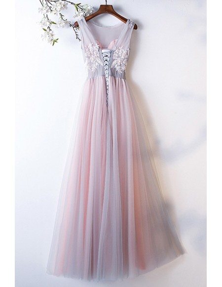 Dusty Pink Grey Tulle Aline Cute Prom Dress With Pleated Top