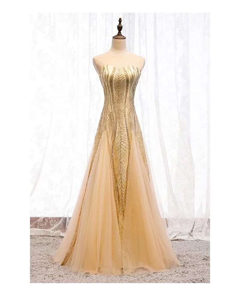 sparkly gold sequins tulle formal dress with illusion neckline # ...