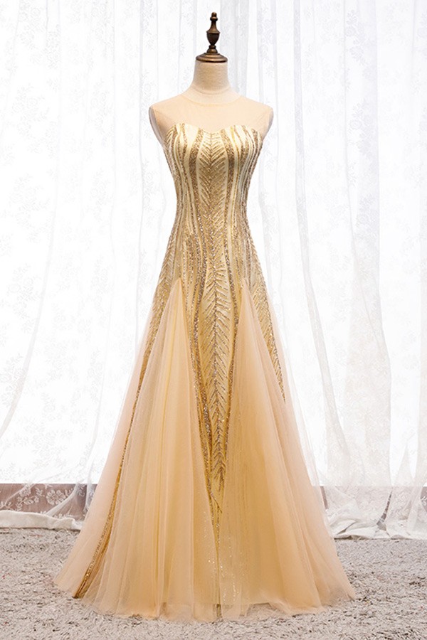 sparkly gold sequins tulle formal dress with illusion neckline #MYX69099 -  GemGrace.com