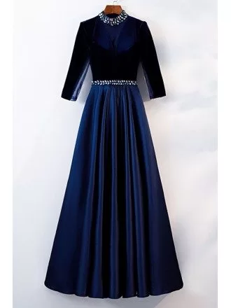 Modest Beaded Collar Long Aline Blue Formal Dress With Sleeves
