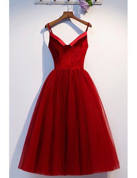 Short Red Velvet With Tulle Cute Party Dress With Straps