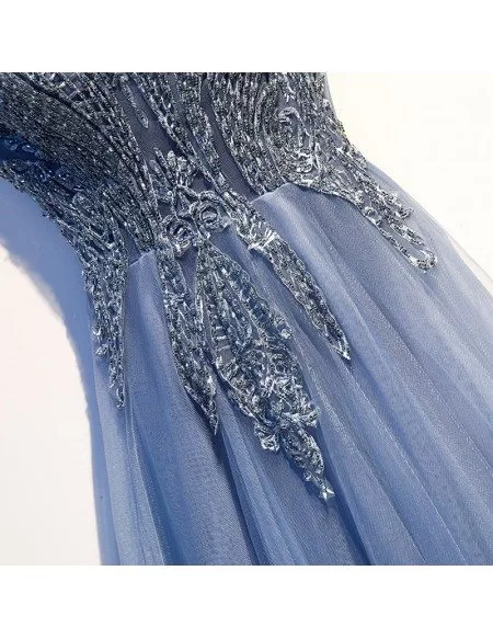 Luxury Beading Blue Tulle Prom Dress With Cap Sleeves