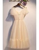 Elegant Champagne Vneck Tulle Long Party Dress With Polka Dots