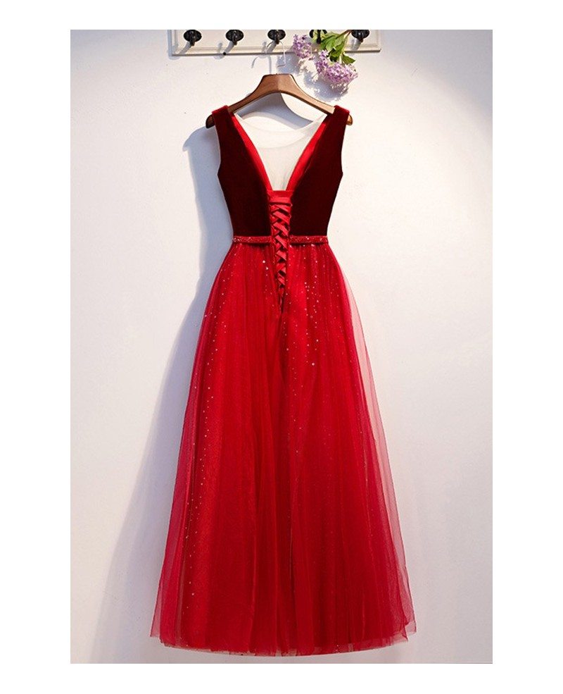 illusion vneck two color burgundy aline party dress with tulle #MYX68088 -  GemGrace.com