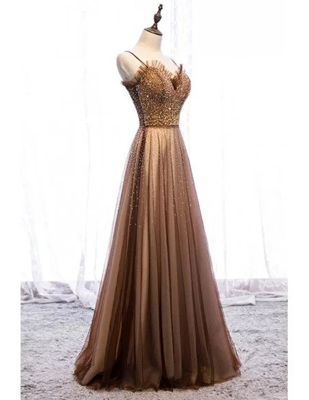 Luxury Brown Beaded Long Tulle Prom Dress With Spaghetti Straps