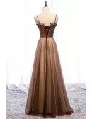 Luxury Brown Beaded Long Tulle Prom Dress With Spaghetti Straps