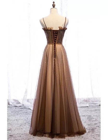 Luxury Brown Beaded Long Tulle Prom Dress With Spaghetti Straps