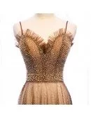 Luxury Brown Beaded Long Tulle Prom Dress With Spaghetti Straps