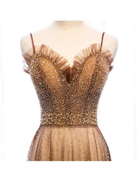 Luxury Brown Beaded Long Tulle Prom Dress With Spaghetti Straps