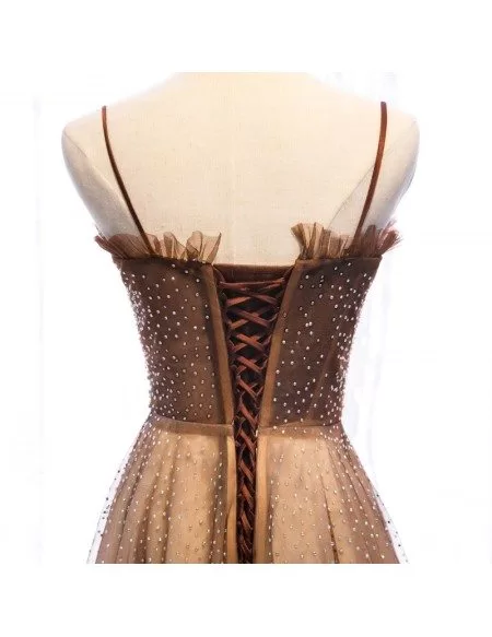 Luxury Brown Beaded Long Tulle Prom Dress With Spaghetti Straps