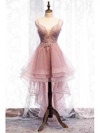 Gorgeous Pink High Low Ruffled Prom Dress With Appliques