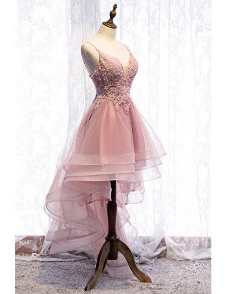 Gorgeous Pink High Low Ruffled Prom Dress With Appliques