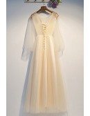 Fairy Champagne Long Tulle Prom Dress With Cape Sleeves Embroidery