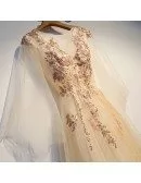 Fairy Champagne Long Tulle Prom Dress With Cape Sleeves Embroidery