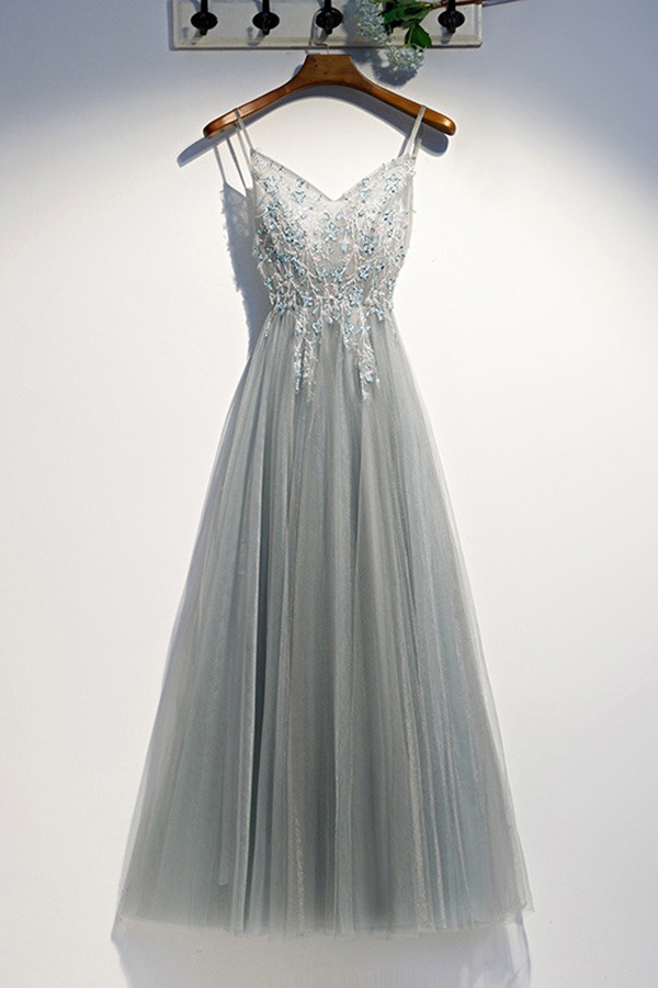 beaded top long grey prom dress tulle with straps #MYX79050 - GemGrace.com