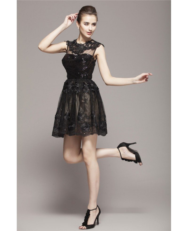 Cute Mini Black Lace Flower Short Dress Open Back #DK98 $90.1 - GemGrace.com
