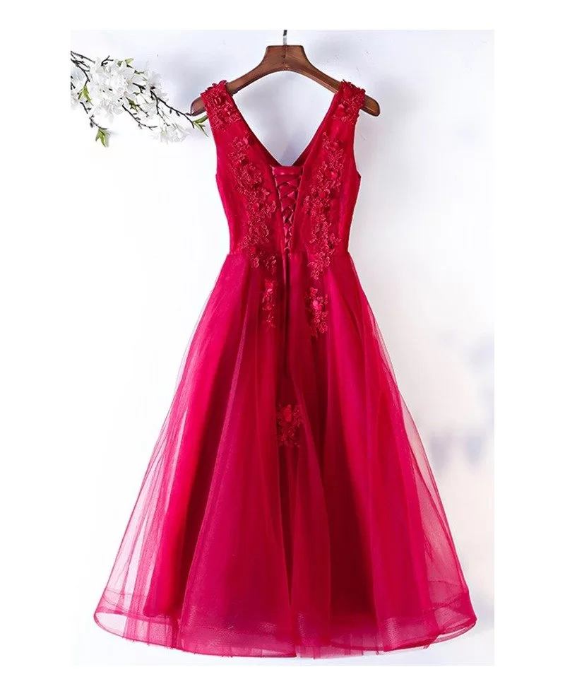 cute aline tulle tea length party dress vneck with petals #MYX68010 ...