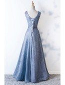 Metallic Blue Pleated Vneck Party Dress Aline With Ruffles