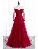 Burgundy Long Tulle Beaded Prom Dress With Long Sleeves