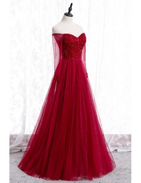 Burgundy Long Tulle Beaded Prom Dress With Long Sleeves