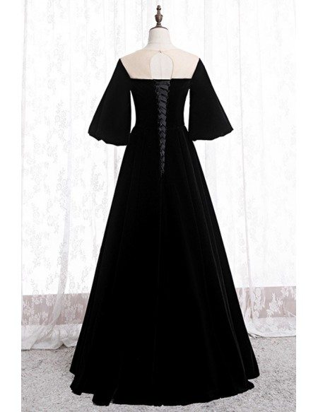 Retro Long Black Velvet Evening Dress With Puffy Sleeves