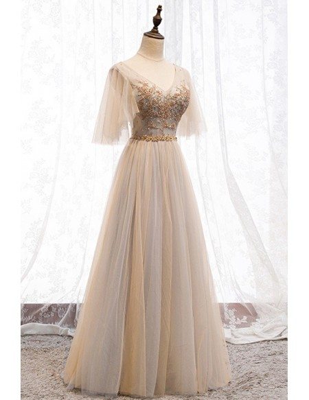 Champagne Tulle Sleeve Long Formal Party Dress With Beading